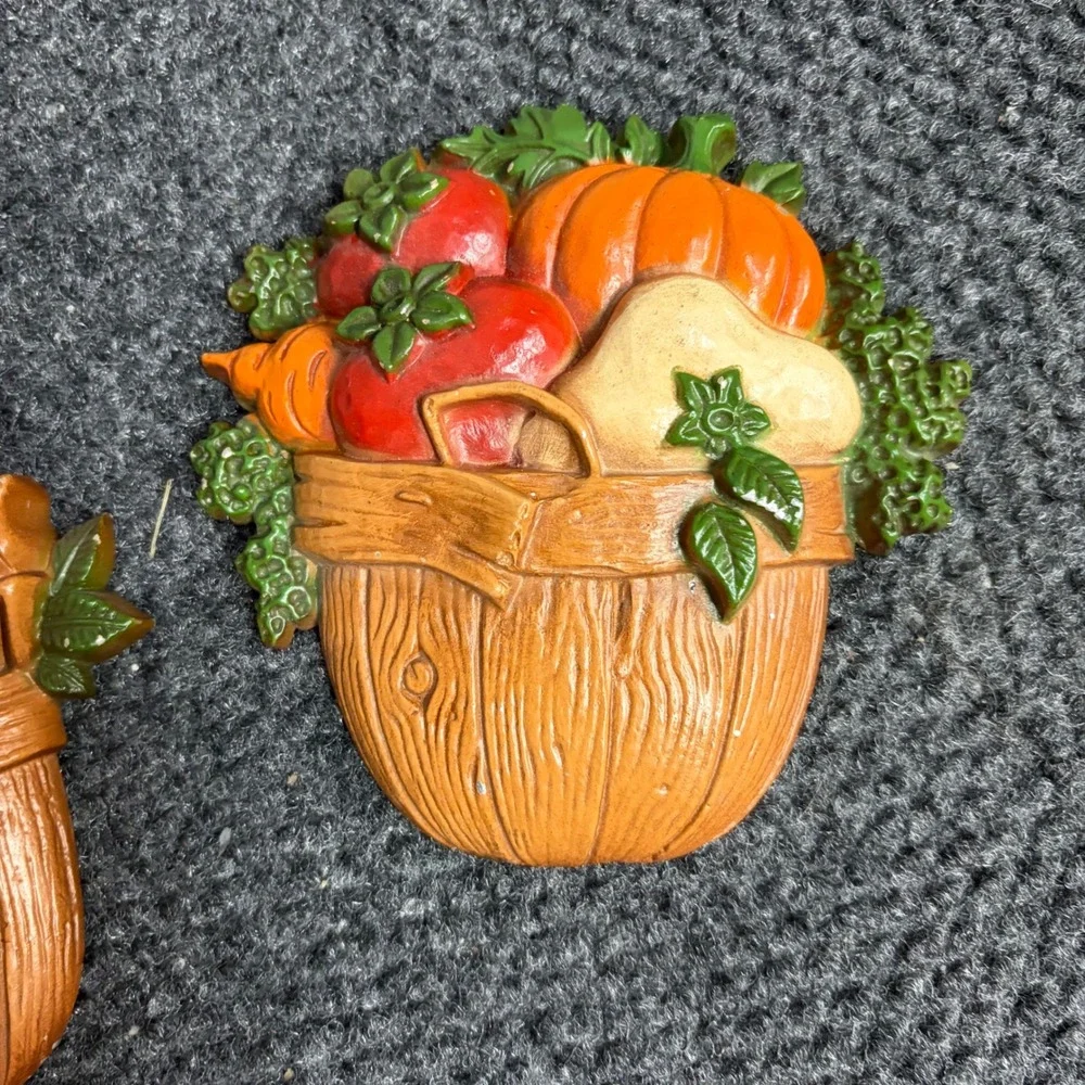 Vintage 1978 Sexton USA Cast Metal Vegetable Basket Wall Plaques Set of 2